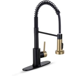 HGN Kitchen Faucet with Pull Down Sprayer, Commercial Single Handle Spring Kitchen Sink Faucets for Farmhouse Camper Laundry Utility Rv Wet Bar Sinks Black&Brush Gold (Black&Brush Gold)