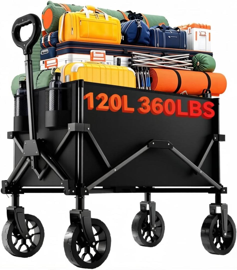 Collapsible Folding Wagon, Wagon Cart Heavy Duty Foldable with Two Drink Holders, Utility Grocery Wagon for Camping Shopping Sports