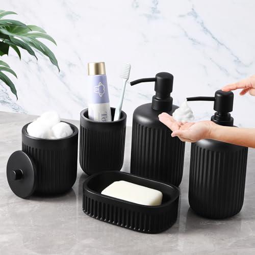 XLHOMO Black Resin Bathroom Accessories Set 5 Pcs, Bathroom Accessory Set Includes Foaming Soap Dispenser, Lotion Soap Dispenser, Toothbrush Holder, Qtip Holder, Soap Dish, for Modern Home Apartment