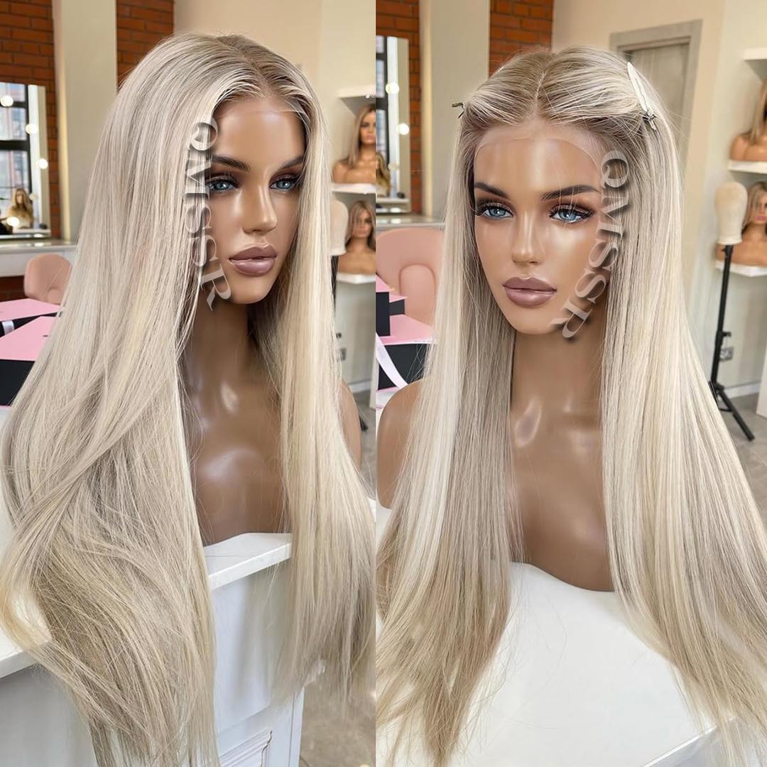 Ash Blonde Synthetic Lace Front Wigs Long Straight Heat Resistant Fiber Hair Ombre Platinum Blonde Lace Front Wigs for Fashion Women