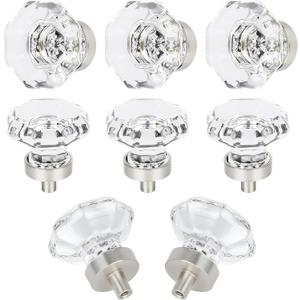 8 PCS Glass Crystal Dresser Cabinet Knobs Brushed Nickel, Octagon Knobs and Pulls for Dresser Drawers, Bathroom Kitchen Cabinet Drawer Knobs Set, LS-014