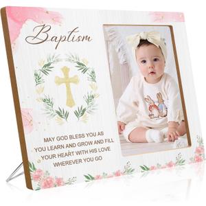 Baptism Picture Frame Gifts,Baptism Gifts for Girls,Christening Baby Gift for Boys from Godparents Friends Family,Pink Flower Wood Picture Frame(4x6-Vertical)