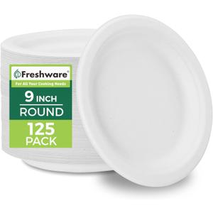 Freshware Paper Plates - Disposable 9" Plate, 125-Pack Biodegradable Sugarcane Fiber Dinner Plates - Heavy Duty Dinnerware for Hot Food - Microwave & Freezer Safe, Stackable Dinnerware (Natural)