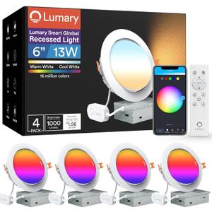 Lumary Smart Gimbal Recessed Lighting 6 Inch with Remote, RGBWW WiFi Ceiling Light Swivel 355° & Tilt 20°, Work with Alexa Google, Adjustable LED Can Lights Canless with J-Box, 1000lm CRI90, 4Pack