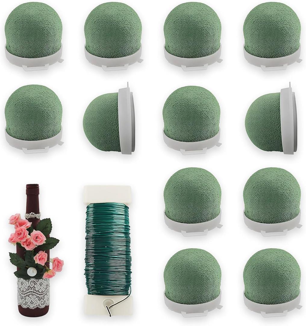 12 Pcs Mini Floral Foam Holder Floral Foam Round with 1 Roll Green Floral Wire Floral Foam Blocks for Table Wedding Wine Bottle Hat Dcor
