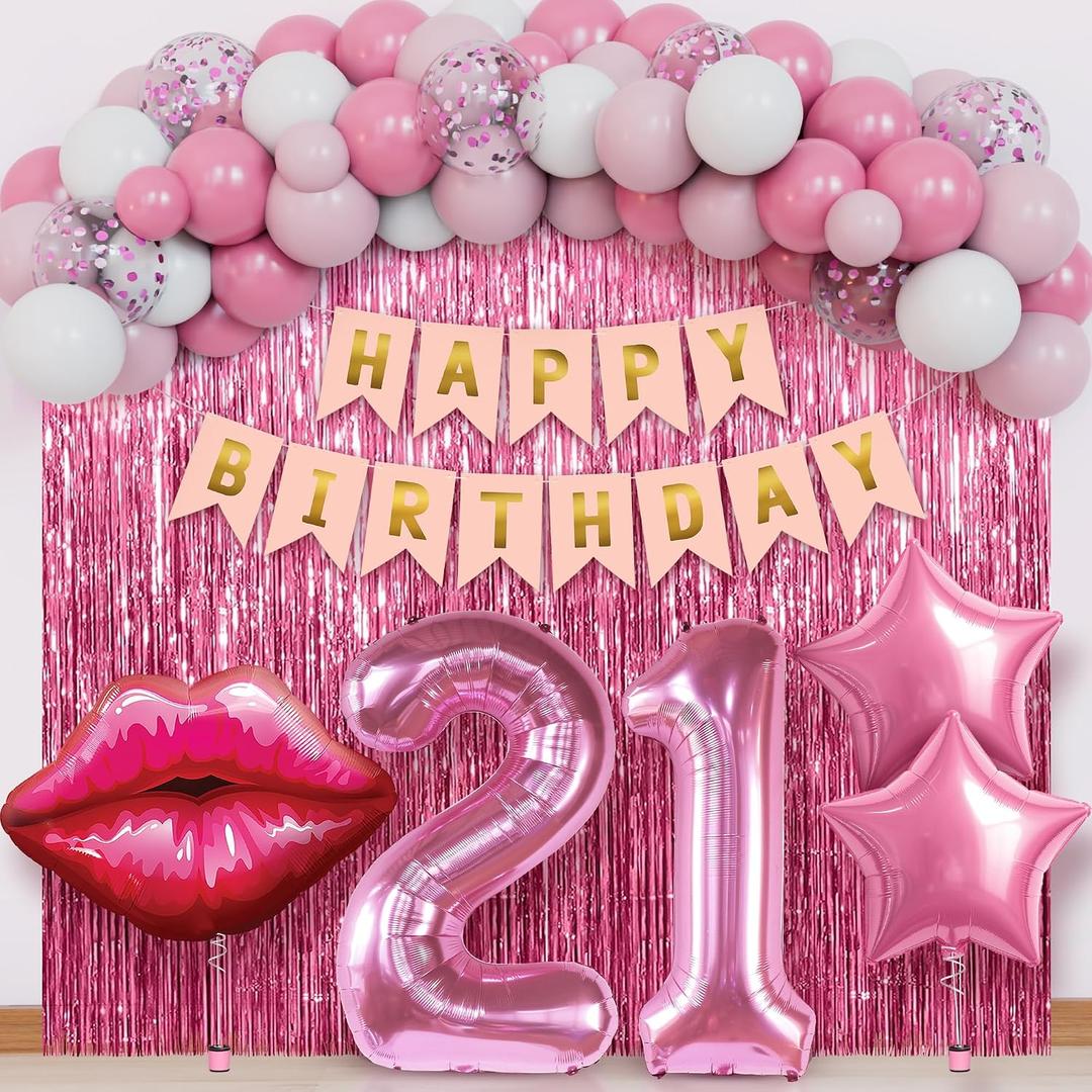 KatchOn, Pink 21st Birthday Decorations Set with Lip & Star Balloons – Pack of 42 | Happy Birthday Banner & Lip Decor | 21st Happy Birthday Decorations for Women, Girls & Her | Pink Party Decorations
