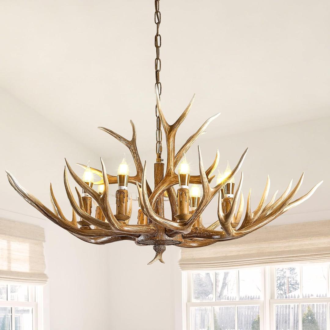 Antlers Chandelier 8 Light,Deer Antler Chandelier Lighting Resin Faux Horn Antler Lighting Rustic Vintage Farmhouse Pendant Lamp for Log Cabin, Dining Room, Kitchen Island(8 Lamp Arms), YY-8026-8