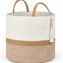 Mkono Woven Storage Basket Decorative Natural Rope Basket Wooden Bead Decoration for Blankets,Toys,Clothes,Shoes,Plant Organizer Bin with Handles Living Room Home Decor, 16"W13.8"L, White and Brown