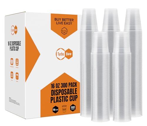 Turbo Bee 16 oz Clear Plastic Cups, 300 Count Disposable Party Cups for Beer, Soda & Iced Drinks, Bulk Cups for Barbecues & Large Gatherings