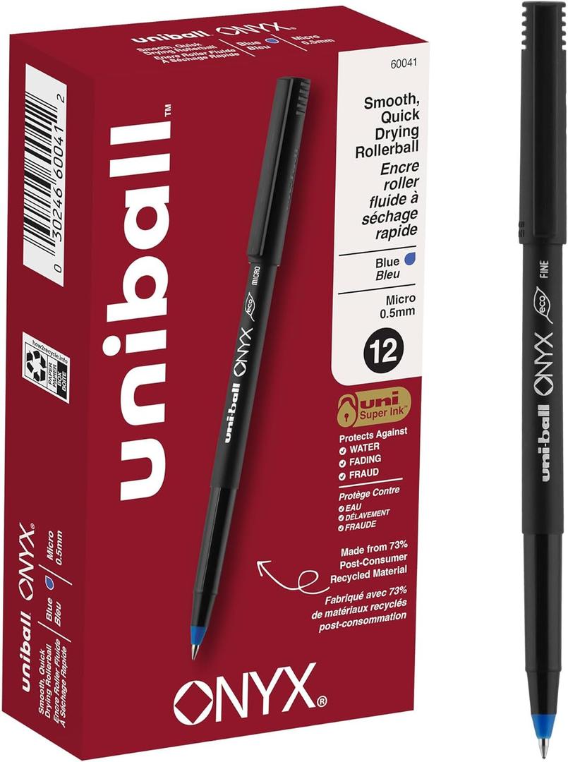 Uni-Ball Onyx Rollerball Pens, Micro Point, 0.5 mm, Black Barrel, Blue Ink, Pack Of 12