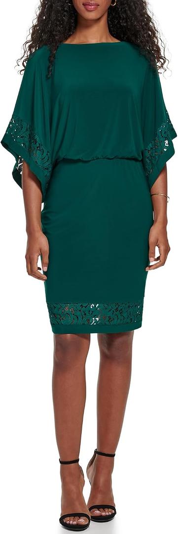 Jessica Howard Women's Lace Trim Knit Mini Dress Boat Neck Elbow Sleeve Desk to Dinner, Green, 14W