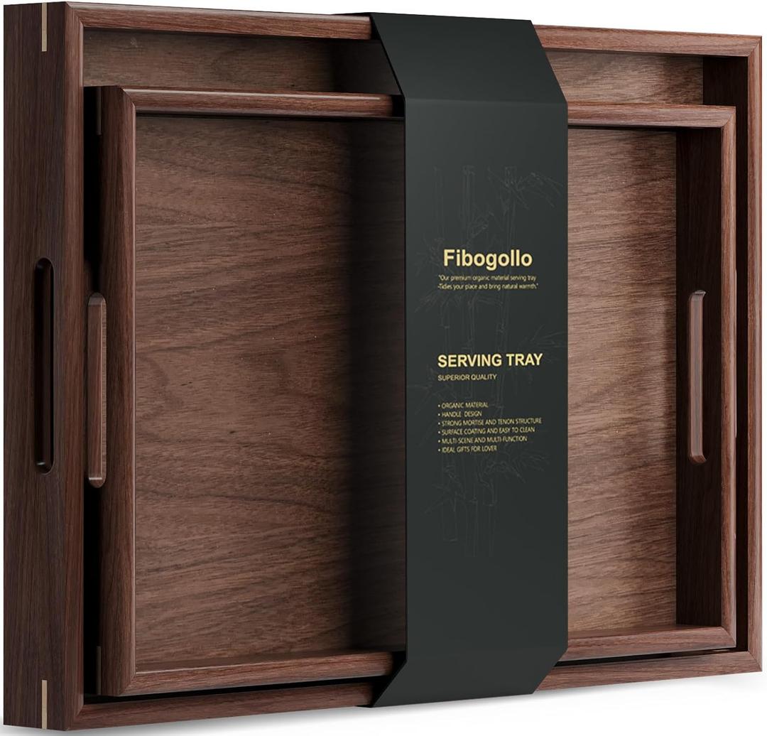 Fibogollo Set of 2 Walnut Wooden Serving Tray with Handles,Decorative Trays Platter,Breakfast Tray in Bed,Large Coffee Table Tray, Food Drinks Trays for Eating,Working,Storing