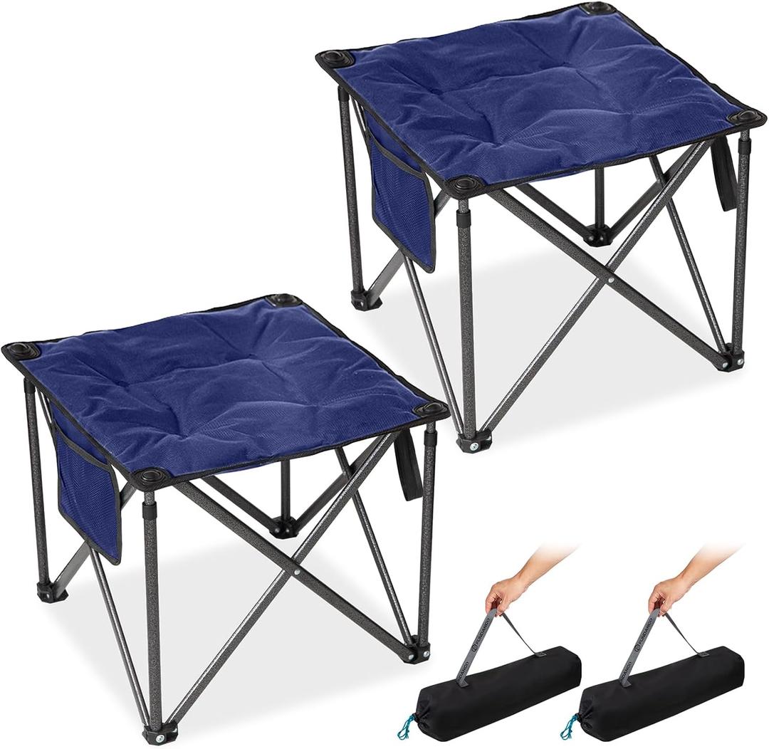 FUNDANGO Oversized Camping Stool for Adults, 2 Pack Thick Padded 18.1 Inch Folding Ottoman Foot Rest, 440 Lbs Heavy Duty Outdoor Camp Chairs with Anti-Slip Foots & Carry Bag for Fishing Travel (Blue)