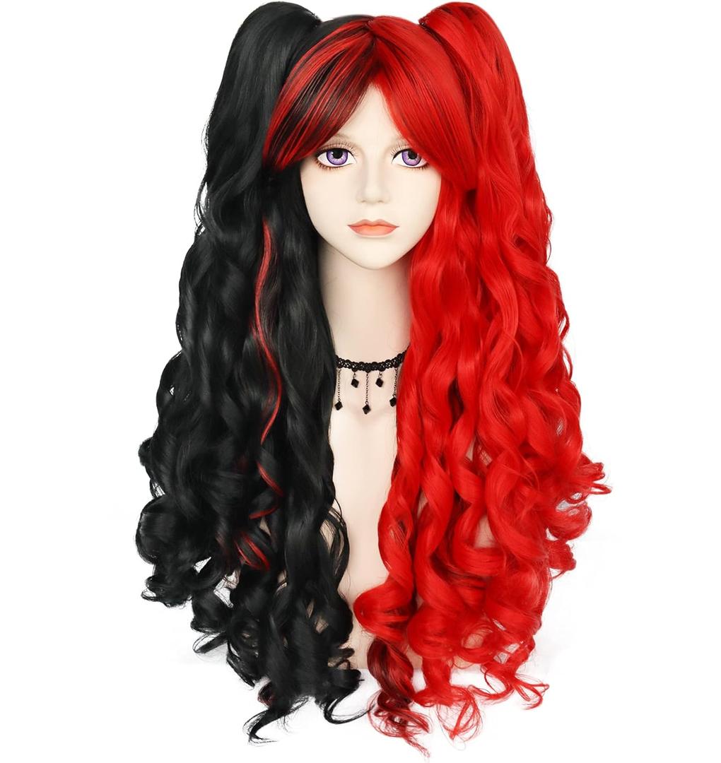 JoneTing Red and Black Wigs+ Hair Cap Red Black Ponytail Wig Curly Red and Black Pigtails Wig for Halloween Costume Red Black Clown Wigs Party Cosplay Long Curly Hair for Cosers (Average)