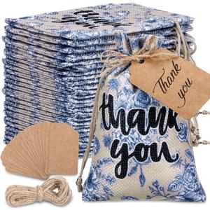 Sweetude 50 Pcs 4 x 6 Inch Thank You Floral Burlap Gift Bags with Drawstring and 50 Pcs Tags Chinoiserie Blue Floral Bag Bulk Treat Bags Candy Goodies Sacks for Wedding Birthday Bridal Baby Shower