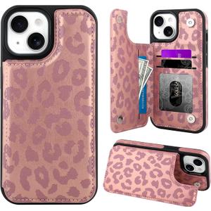 OOK for iPhone 13 Case Wallet with Card Holder, Cute Pink Leopard Cheetah Pattern for Women Girls RFID Blocking 3 Card Slots Kickstand Flip Folio Leather Protective Shockproof Phone Case