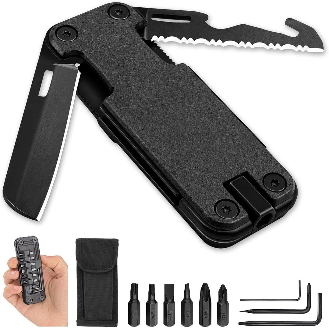 16-in-1 Multitool Knife, Upgraded Multitool Pocket Knife Tools with Locking Blade, Compact Pocket Multitools with Magnetic Bit Holder Screwdriver Bits Rope Cutter, Bottle Opener, Gifts for Men