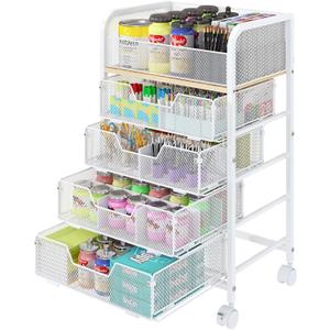 5-Tier Craft Organizer Cart with Wheels,Craft Organizers and Storage with Drawers,Lockable Wheels Rolling Utility Cart with DIY Divider,Office Supply Organizer,Ideal for Studio,Office,Bedroom,White
