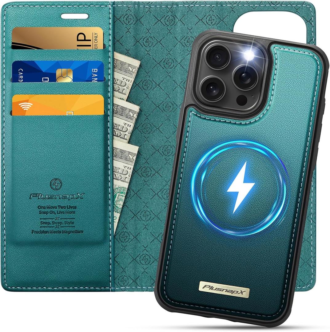 PlusnapX Wallet Case for iPhone 16 Pro Max Compatible with Magsafe, 2-in-1 PU Leather Flip RFID Blocking Card Holder Stand Shockproof Magnetic Detachable Cover for iPhone 16 Pro Max 6.9", Bluegreen