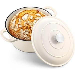 TeamFar 5Qt Dutch Oven, Enameled Cast Iron Dutch Oven with Lid & Dual Handles for Cooking Baking Braising Simmering, Healthy & Sturdy, Oven & Various Stovetops Safe, Non-stick & Easy Clean - Cream White