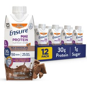 Ensure Max Protein Shake | Milk Chocolate with Caffeine | Ready to Drink | 30g Protein for Muscle Health | 1g Sugar, 4g Fiber | 11 fl oz, 12 Pack (BBD 1 APR 2026)