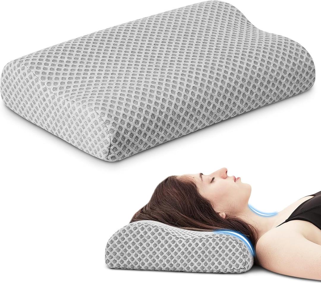 Neck Pillow for Sleeping, Travel Pillow, Camping Pillow, Ergonomic Memory Foam Compressible Medium Firm, Ideal for Home, Bedroom, Office and Camping (Light Grey, S)