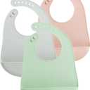 PandaEar 3 Pack Baby Bibs for Eating with Food Catcher, Waterproof Silicone Bibs for Babies Toddlers Boys Girls, Adjustable Baby Food Feeding Bibs, BPA Free