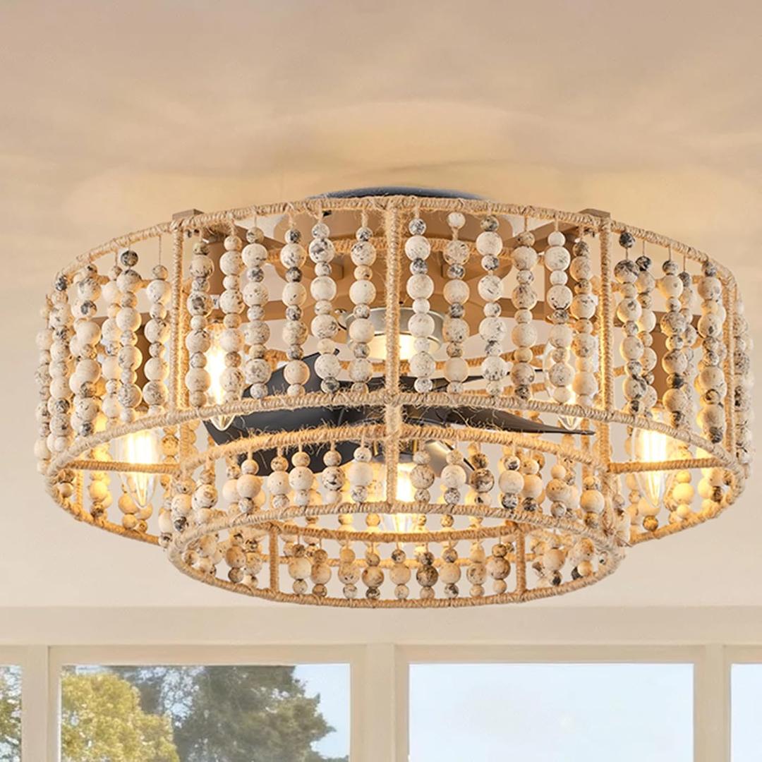 20inch Boho Caged Ceiling Fan with Light, Low Profile Bladeless Ceiling Fans with Lights and Remote, Flush Mount Wood Beaded with 6 Speeds for Bedroom Nursery Living Room