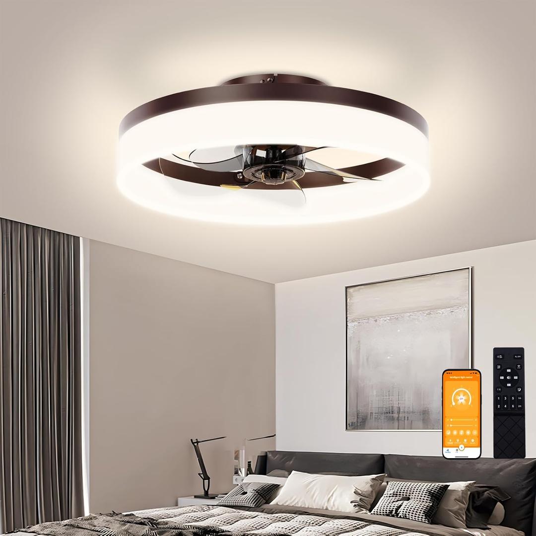 VOLISUN Low Profile Ceiling Fans with Lights and Remote,15.7in Modern Ceiling Fan Flush Mount, 3000K-6500K Dimmable Bladeless LED Fan Light,Brown Fandelier Ceiling Fans with Lights for Bedroom