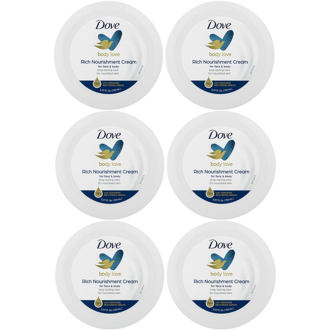 Dove Body Love Rich Nourishment Cream, Face, Hand & Body Lotion for Extremely Dry Skin, Fast-Absorbing 72-Hour Moisturizing Cream with Ceramide Serum, 5.07 Fl Oz (Pack of 5)