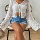 SweatyRocks Women's Tie Front Crop Cardigan Hollow Out Long Sleeve Lightweight Knit Tops (Large, White)