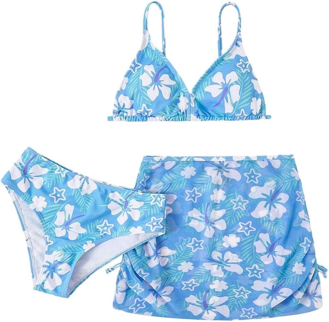 COZYEASE Girls' 3 Piece Set Floral Print Bikini Swimsuit with Drawstring Beach Skirt Cute Ruched Bathing Suit (11 Years, Multicolor Blue)