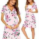 Ekouaer Nursing Nightgown Delivery and Labor Gown for Hospital Short Sleeve Maternity Breastfeeding Dress Pink Flowers S