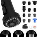 Hibbent Pull Down Kitchen Faucet Head Replacement, 3 Function Sink Faucet Sprayer Head Nozzle with 15 Adapters, Compatible with Moen, American Standard, Delta, Kohler Faucets, Matte Black