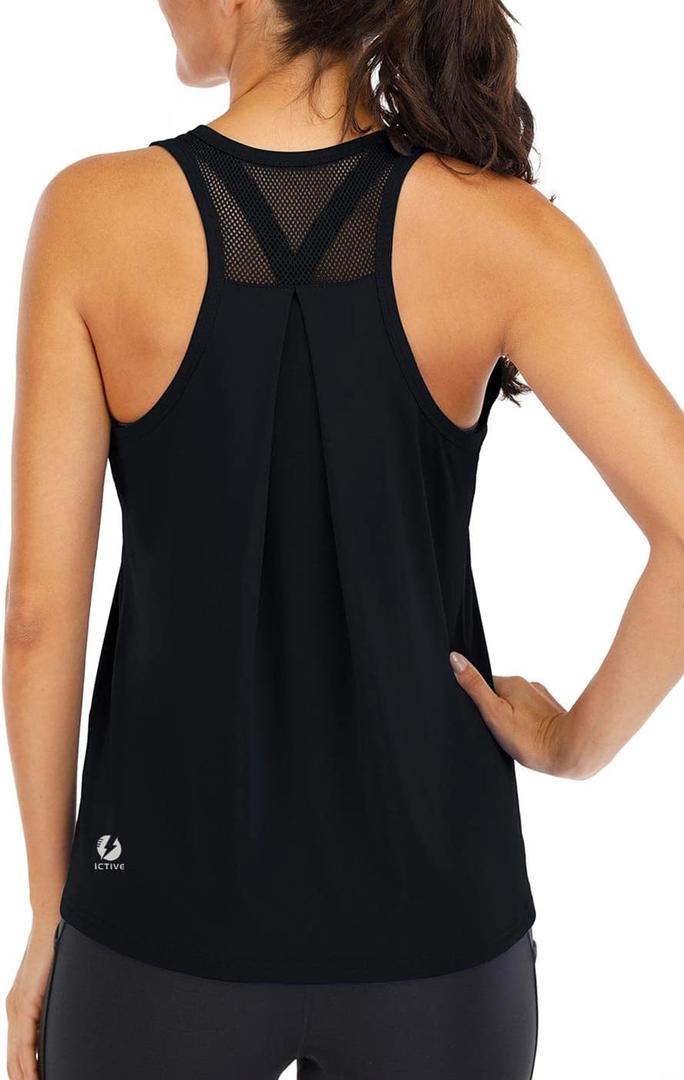 ICTIVE Workout Tops for Women Loose Fit Racerback Mesh Backless Muscle Tank Running Shirts (Large, Black)