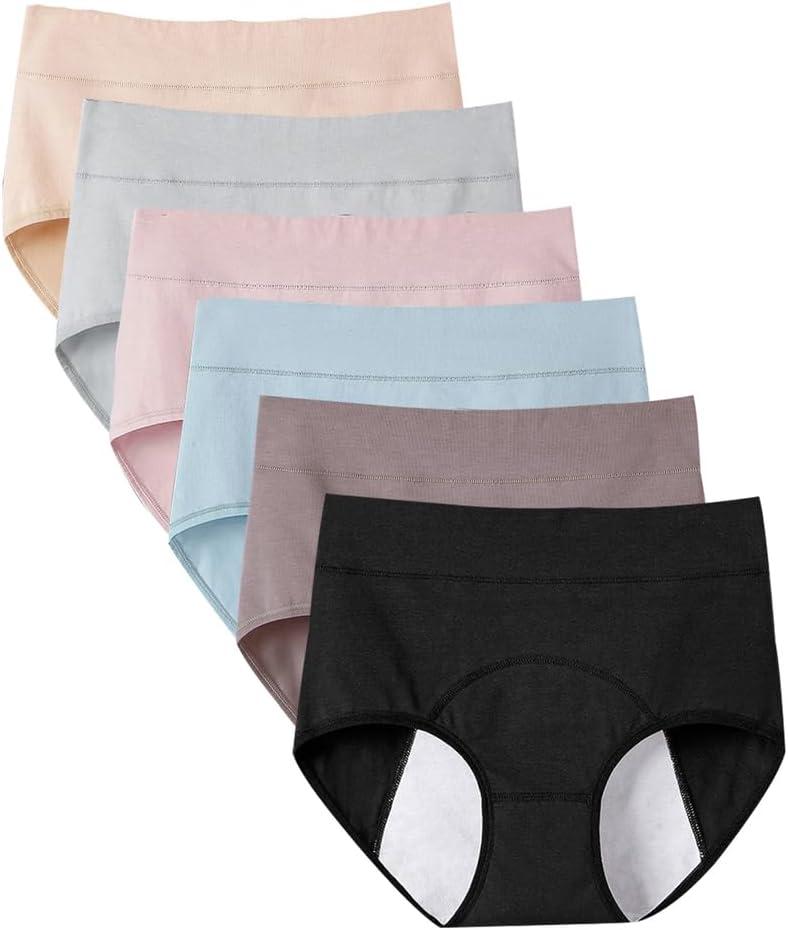 6pcs Incontinence Underwear for Women, High Waisted Ladies Underwear, Reusable Cotton Panties, Washable, 3X-Large, Multi Colored