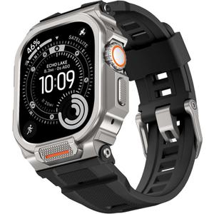 Rugged Metal Band Compatible with Apple Watch Ultra 3/2/1 Band 49mm, Shockproof & Scratch Resistant Bumper with Silicone Sport Band for iWatch (Titanium Black, 49mm - Ultra 3/Ultra 2/Ultra)