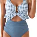 B2prity Womens One Piece Swimsuit Tummy Control Ruffled Bathing Suit V Neck Cutout Swim Suit Tie Back Swimwear (Blue, XL)