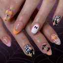 3 x Halloween Press on Nail Short Almond Fake Nails with Spider Web Bat Daisy Floral Designs Glue on Nails French Tip Cute Ghost Glossy Acrylic Artificial Nails Full Cover Stick on Nails for Women 24 Pcs