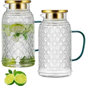 Buaic Glass Pitcher with Lid, 2 PACK 68 oz/2 Liter Vintage Water Pitcher, Clear Borosilicate Glass Water Carafe for Cold Brew, Coffee, Lemonade, Iced Sun Tea,Beverage, Milk, Heat Resistant