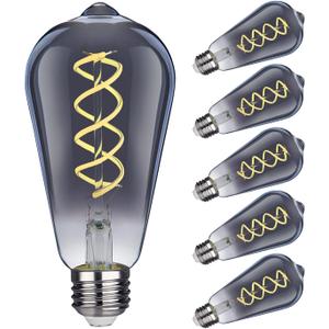 Kiraralite ST19(ST58) LED Smoky Grey Glass Edison Bulb, Vintage, 6 Pack, Daylight 5000K, Antique Flexible Spiral LED Filament Light Bulb, Dimmable, 300LM, 4.5W Equivalent to 40W, E26 Base