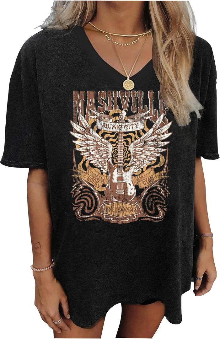 Oversized Wild West Cowboys T-Shirt for Women Vintage Country Music Tee Western Rodeo Graphic Tee Short Sleeve Loose Top (Large, Black-3)