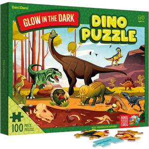 Dan&Darci Glow in The Dark 100 Piece Dinosaur Puzzle for Kids - Dinosaurs Jigsaw Puzzles Toys for Boys & Girls Ages 6-8 - Birthday Gifts for Age 6 7 8 Year Old Toddler Boy Girl Gift - Dino Toy