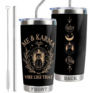 Karma Cat Gifts Me & Karma Vibe Like That 20oz Stainless Steel Insulated Tumbler with Lid and Straw Mystical Celestial Coffee Cup Music Lover Gift (Tum-Me & Karma Black)