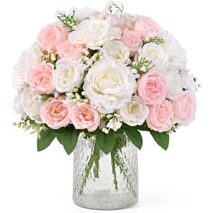 2 Bouquets Peonies Artificial Flowers, Mixed Pink & White