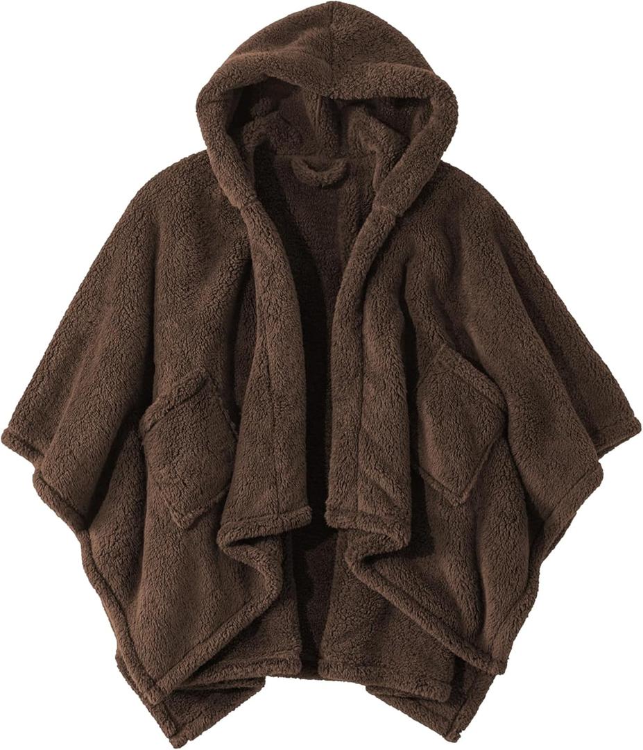 Wearable Blanket Sherpa Poncho Office Work Warm Cozy Shawl Blanket, Plush Cape Wrap for Adults (Dark-brown)