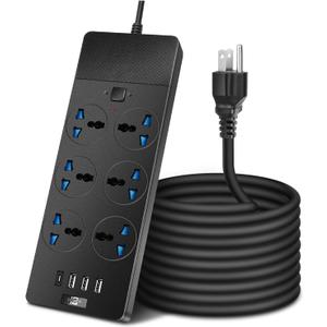 Universal Power Strip with 6 Oulets, 3 USB and 1 Type C, 6.5ft Extension Cord 3000W Universal Power Strip Surge Protector 110V-250V Extension Lead for Home Office Dorm Room (Black)