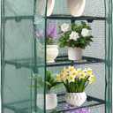 MaxWorks 51962 4 Tier Mini Greenhouse 63'' H x 27'' L x 19'' W PE Cover with UV Protection Green Indoor Outdoor Gardening Roll Up Zipper Door Grow Seedlings and Seeds Portable