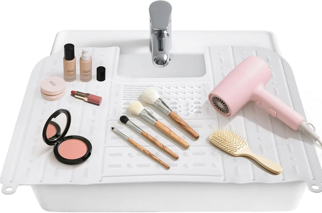 Bathroom Sink Cover for Counter Space, Foldable Silicone Makeup Mat with Steel Frame Core for Hot Tools & Studio Hair Styling, Brush Cleaning Surface Beauty Gift for Women & Dorm, White