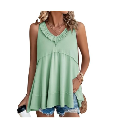 AlvaQ Womens Summer V Neck Tank Top Loose Fit Flowy Shirt Casual Ruffle Sleeveless Tops, XL